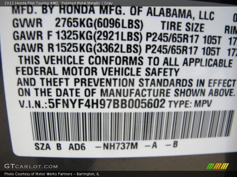 Polished Metal Metallic / Gray 2011 Honda Pilot Touring 4WD