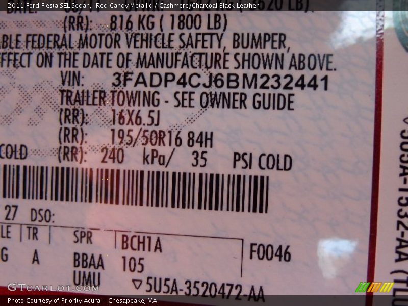 Red Candy Metallic / Cashmere/Charcoal Black Leather 2011 Ford Fiesta SEL Sedan
