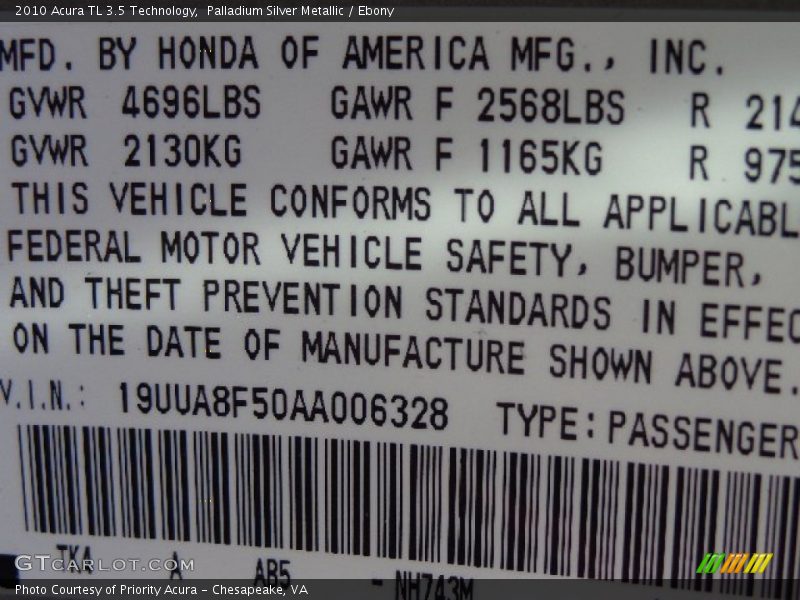 Palladium Silver Metallic / Ebony 2010 Acura TL 3.5 Technology
