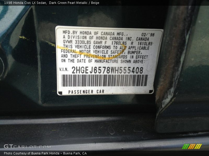 Dark Green Pearl Metallic / Beige 1998 Honda Civic LX Sedan