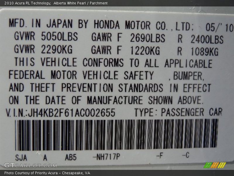 Alberta White Pearl / Parchment 2010 Acura RL Technology