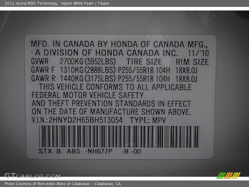 2011 MDX Technology Aspen White Pearl Color Code NH677P