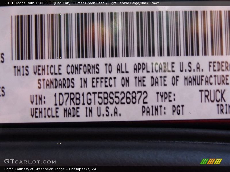 2011 Ram 1500 SLT Quad Cab Hunter Green Pearl Color Code PGT