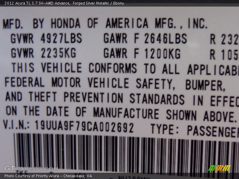 Forged Silver Metallic / Ebony 2012 Acura TL 3.7 SH-AWD Advance