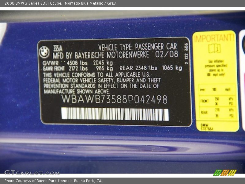 Info Tag of 2008 3 Series 335i Coupe