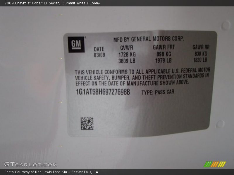 Summit White / Ebony 2009 Chevrolet Cobalt LT Sedan