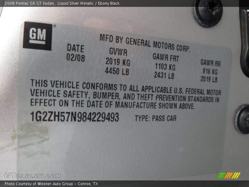 Info Tag of 2008 G6 GT Sedan