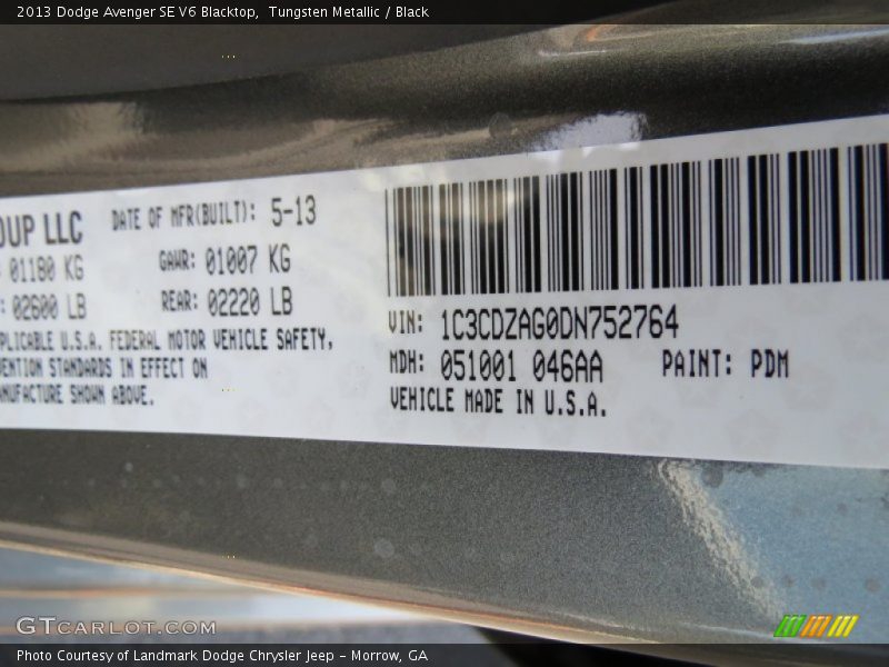 2013 Avenger SE V6 Blacktop Tungsten Metallic Color Code PDM