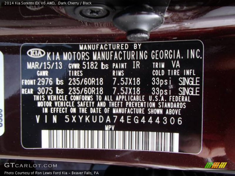 2014 Sorento EX V6 AWD Dark Cherry Color Code IR