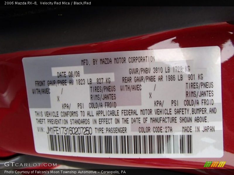 2006 RX-8  Velocity Red Mica Color Code 27A