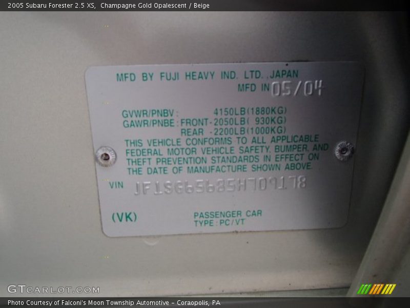 Info Tag of 2005 Forester 2.5 XS