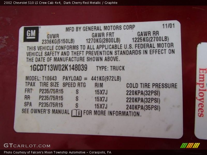 Info Tag of 2002 S10 LS Crew Cab 4x4