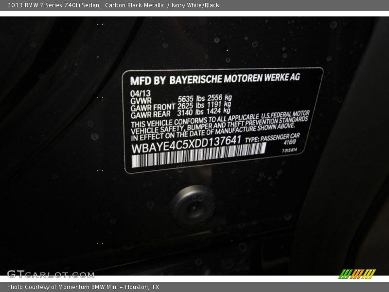 Carbon Black Metallic / Ivory White/Black 2013 BMW 7 Series 740Li Sedan