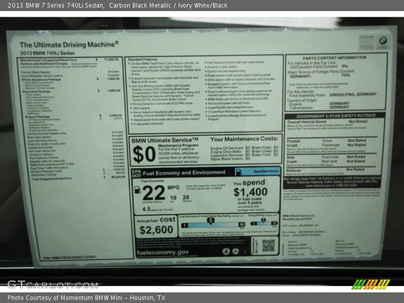  2013 7 Series 740Li Sedan Window Sticker