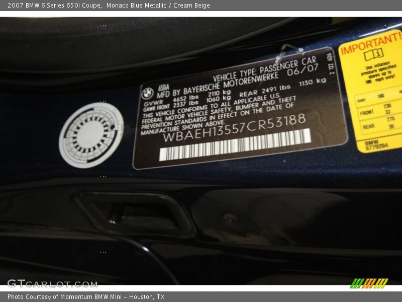 Monaco Blue Metallic / Cream Beige 2007 BMW 6 Series 650i Coupe