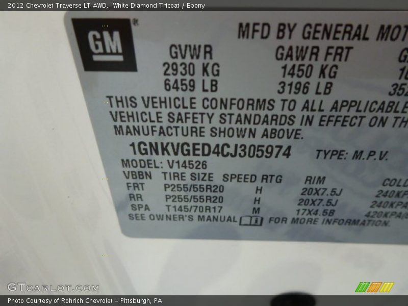 White Diamond Tricoat / Ebony 2012 Chevrolet Traverse LT AWD