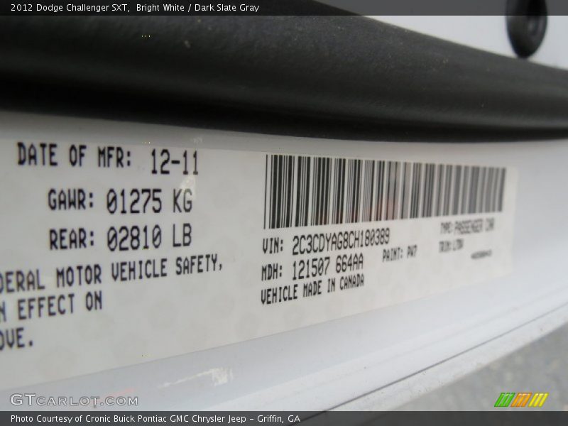 Bright White / Dark Slate Gray 2012 Dodge Challenger SXT