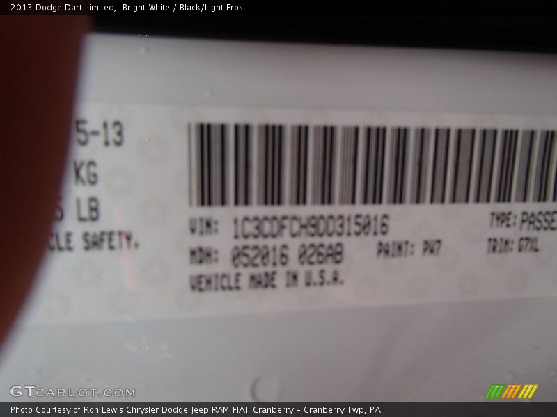 Bright White / Black/Light Frost 2013 Dodge Dart Limited