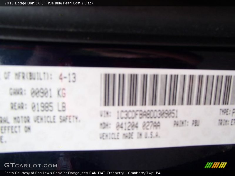 True Blue Pearl Coat / Black 2013 Dodge Dart SXT