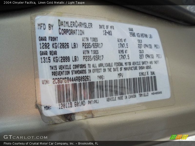 2004 Pacifica  Linen Gold Metallic Color Code PKJ