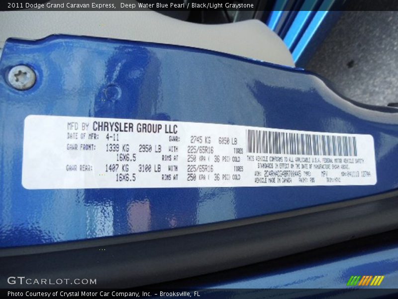 Deep Water Blue Pearl / Black/Light Graystone 2011 Dodge Grand Caravan Express