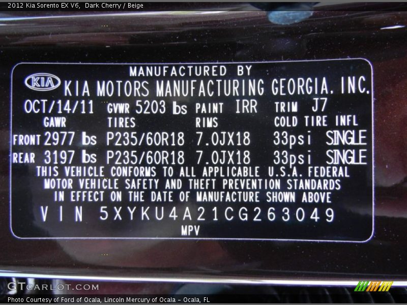 Dark Cherry / Beige 2012 Kia Sorento EX V6
