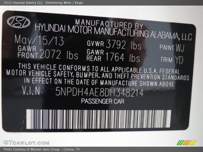 Shimmering White / Beige 2013 Hyundai Elantra GLS