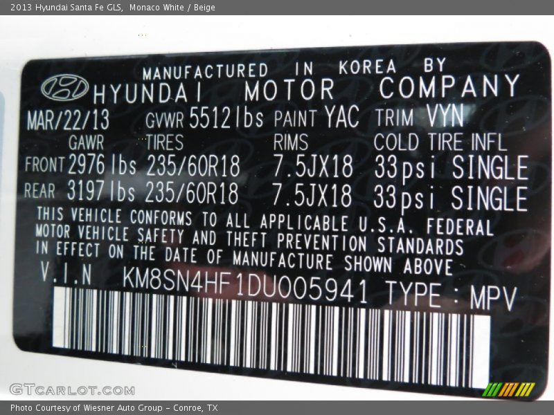 2013 Santa Fe GLS Monaco White Color Code YAC