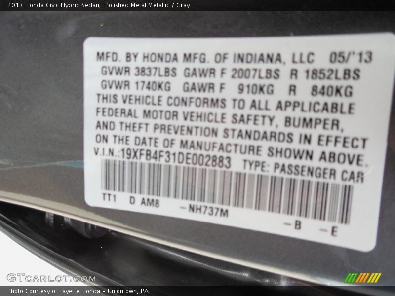 2013 Civic Hybrid Sedan Polished Metal Metallic Color Code NH737M