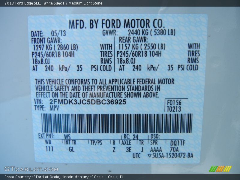 White Suede / Medium Light Stone 2013 Ford Edge SEL