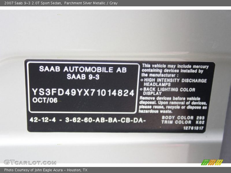 2007 9-3 2.0T Sport Sedan Parchment Silver Metallic Color Code 293