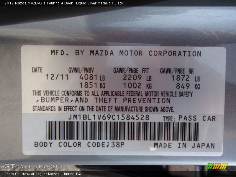 Liquid Silver Metallic / Black 2012 Mazda MAZDA3 s Touring 4 Door