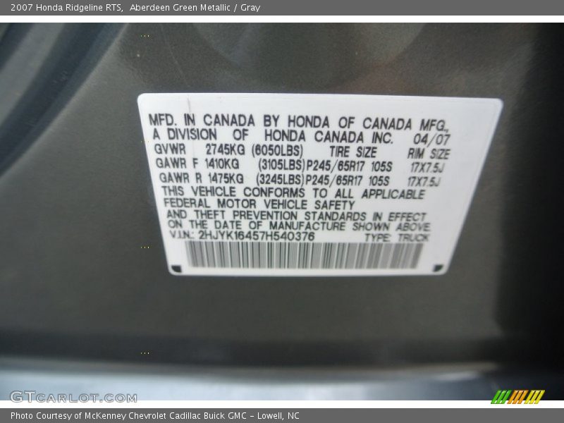 Aberdeen Green Metallic / Gray 2007 Honda Ridgeline RTS