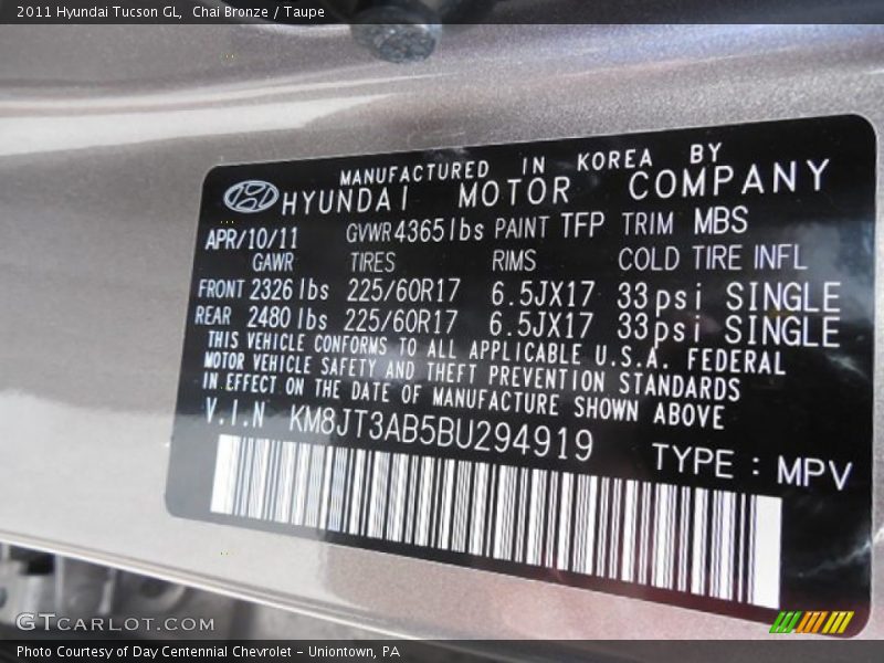 Chai Bronze / Taupe 2011 Hyundai Tucson GL