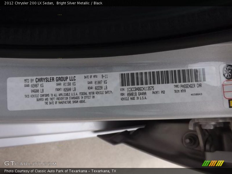 Bright Silver Metallic / Black 2012 Chrysler 200 LX Sedan