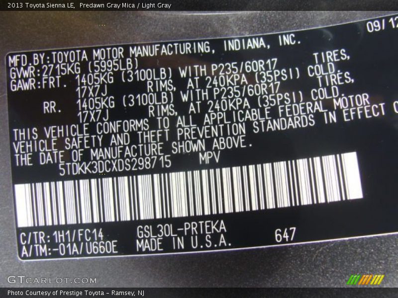 Predawn Gray Mica / Light Gray 2013 Toyota Sienna LE