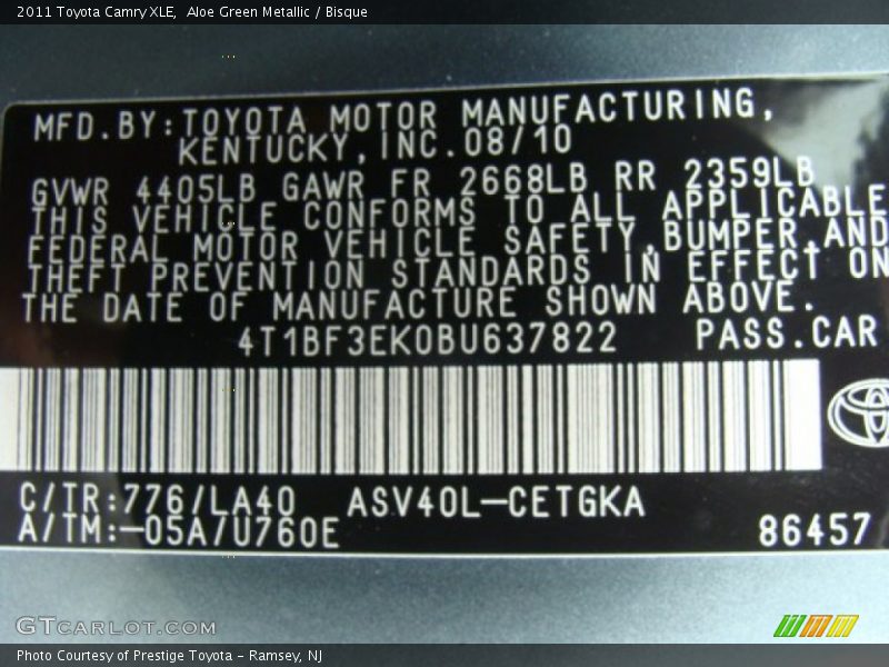 2011 Camry XLE Aloe Green Metallic Color Code 776