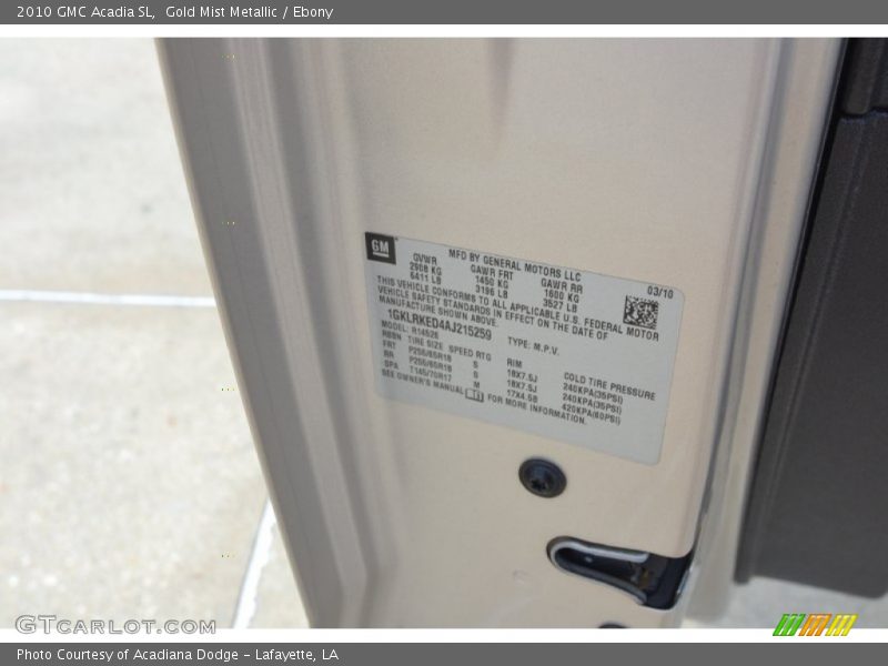 Gold Mist Metallic / Ebony 2010 GMC Acadia SL