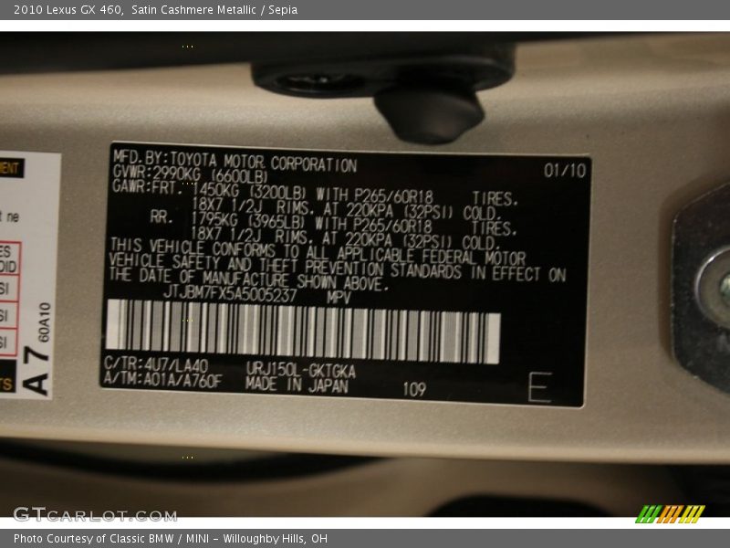 Satin Cashmere Metallic / Sepia 2010 Lexus GX 460