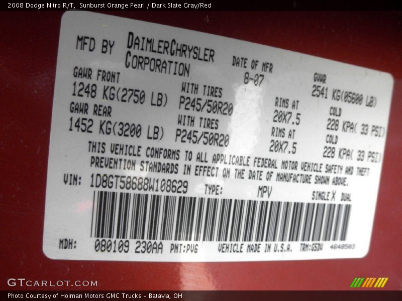 Sunburst Orange Pearl / Dark Slate Gray/Red 2008 Dodge Nitro R/T