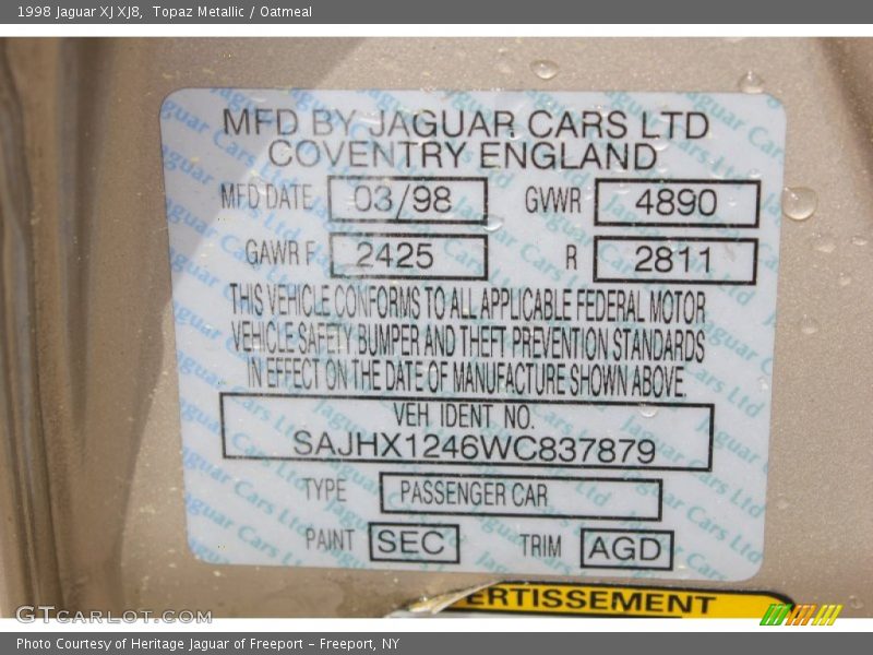 1998 XJ XJ8 Topaz Metallic Color Code SEC