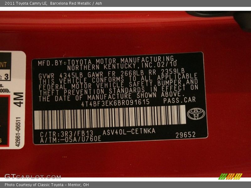 Barcelona Red Metallic / Ash 2011 Toyota Camry LE
