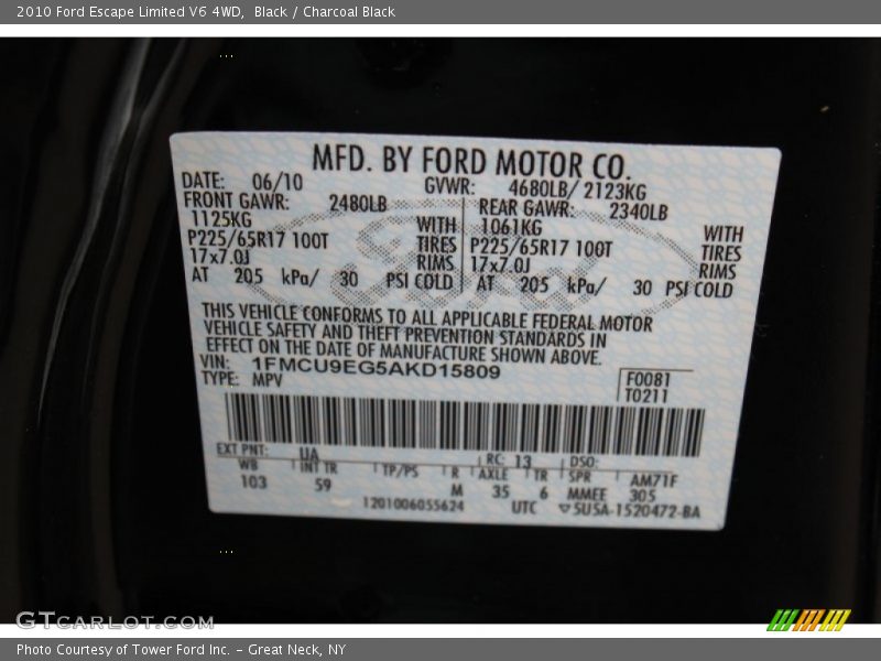 Black / Charcoal Black 2010 Ford Escape Limited V6 4WD