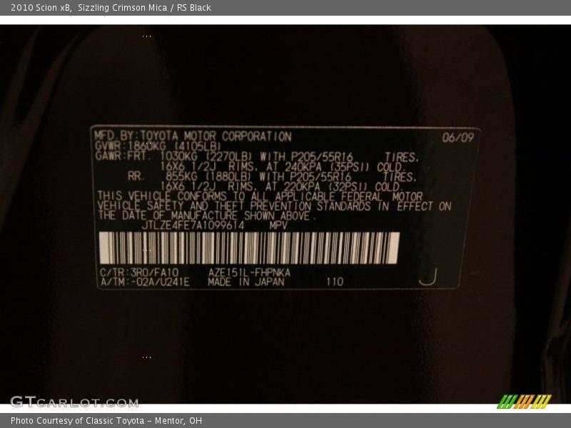 Sizzling Crimson Mica / RS Black 2010 Scion xB