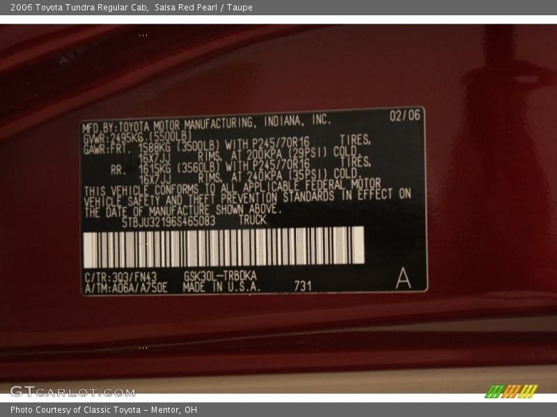 Salsa Red Pearl / Taupe 2006 Toyota Tundra Regular Cab