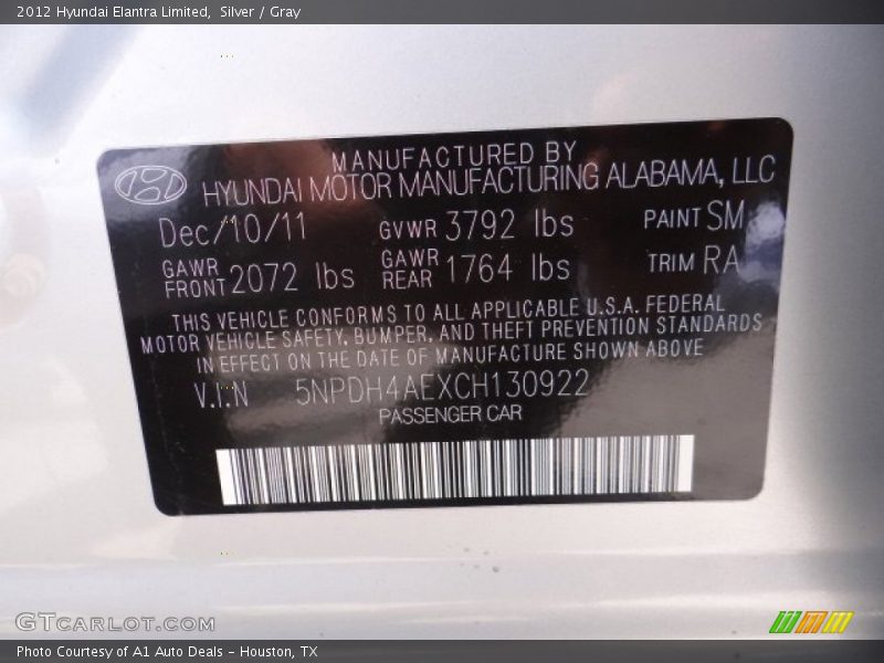 Silver / Gray 2012 Hyundai Elantra Limited