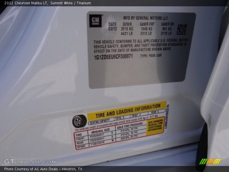 Summit White / Titanium 2012 Chevrolet Malibu LT