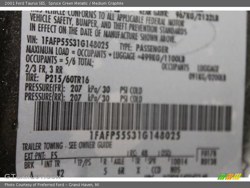 Spruce Green Metallic / Medium Graphite 2001 Ford Taurus SES