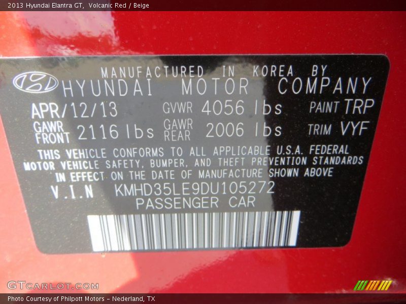 2013 Elantra GT Volcanic Red Color Code TRP