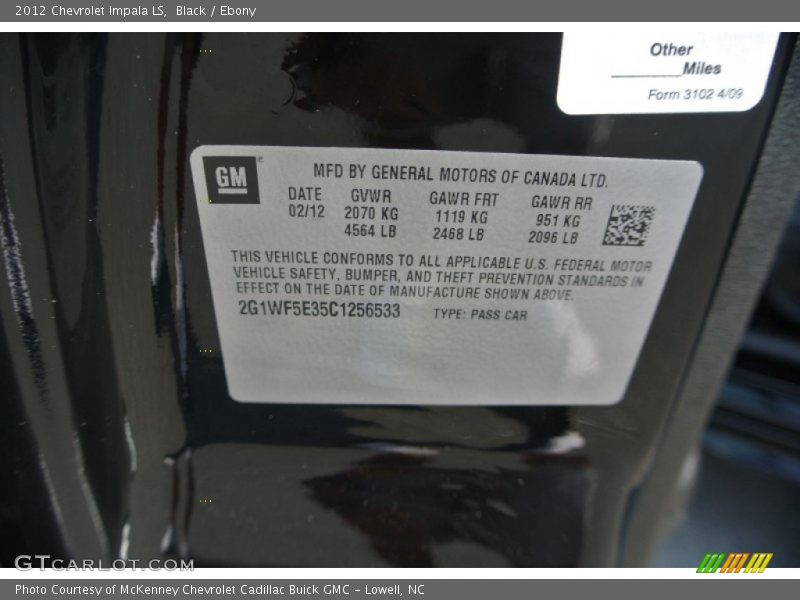 Black / Ebony 2012 Chevrolet Impala LS
